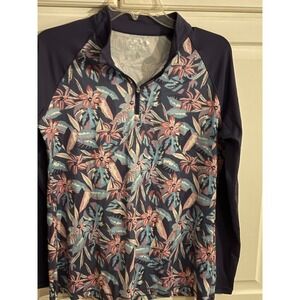 Reel Legends Womens Reel-Tec Floral Quarter Zip Rash Guard Sun Shirt Navy Blue M